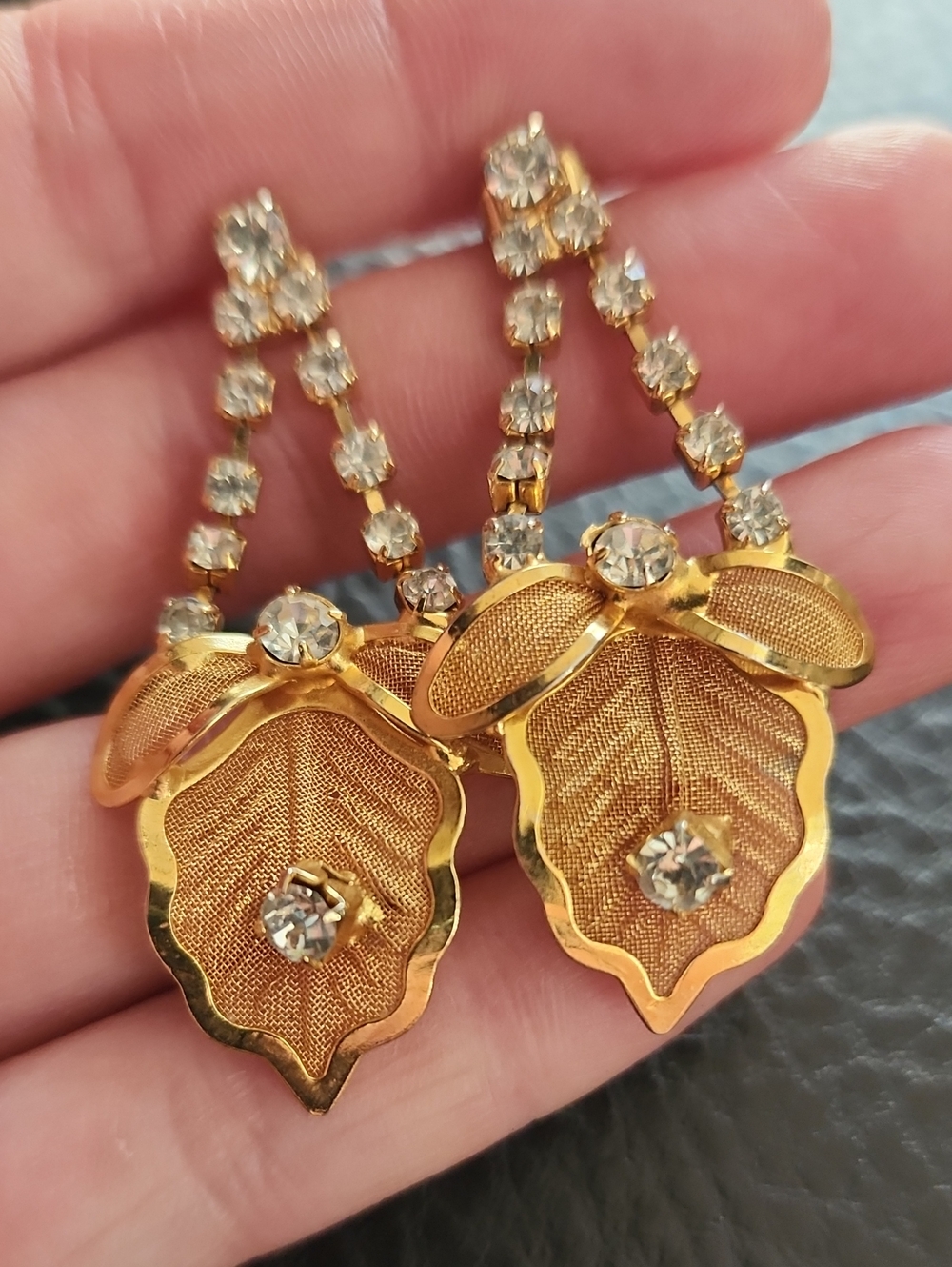 VTG Gold Floral Drop Earrings with Clear Crystals - Women Jewelry